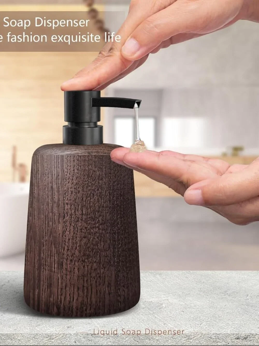 Dark Brown Wood Soap Dispenser Black Plastic Pump Lotion Bottle Kitchen Bathroom